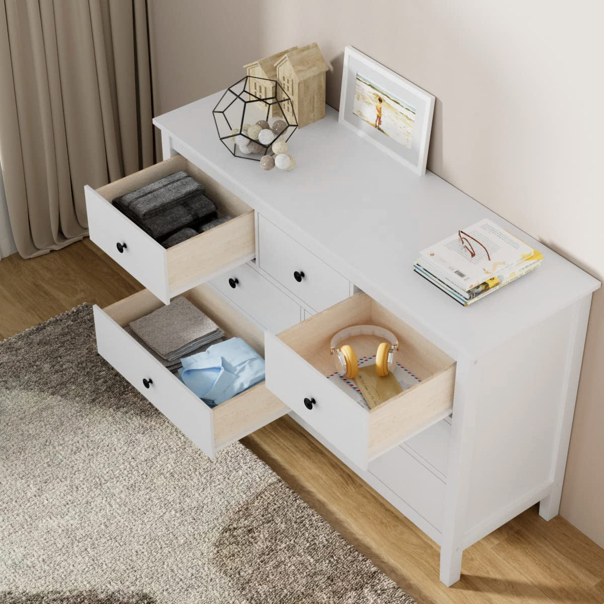 White 7-Drawer Modern Dresser with Solid Wood Legs-4
