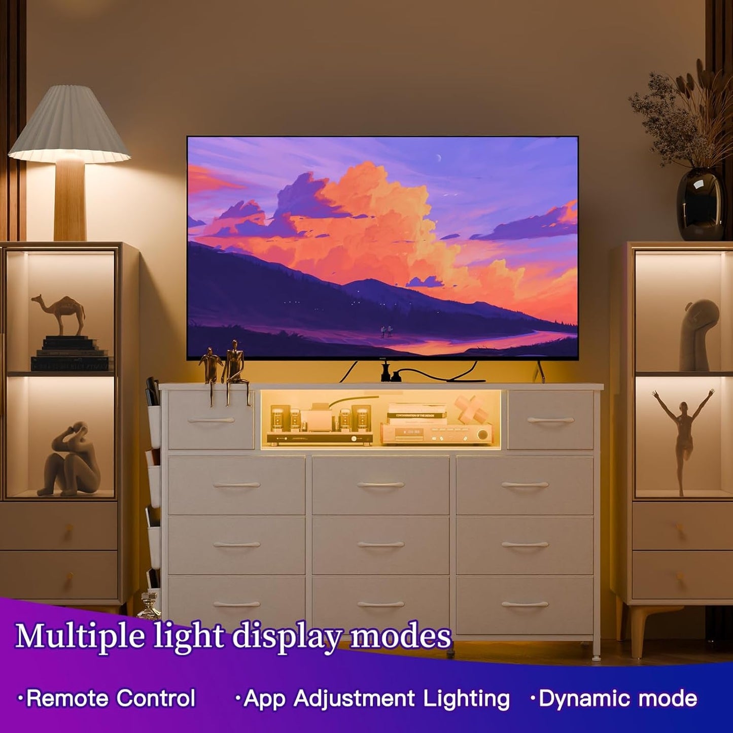 White Dresser for Bedroom with Power Outlets and LED Lights 11 Drawers Dresser with Side Pocket for Kids Bedroom, Fabric Chest of Drawers, for 60Inch TV Long Dresser Storage Organizer-4