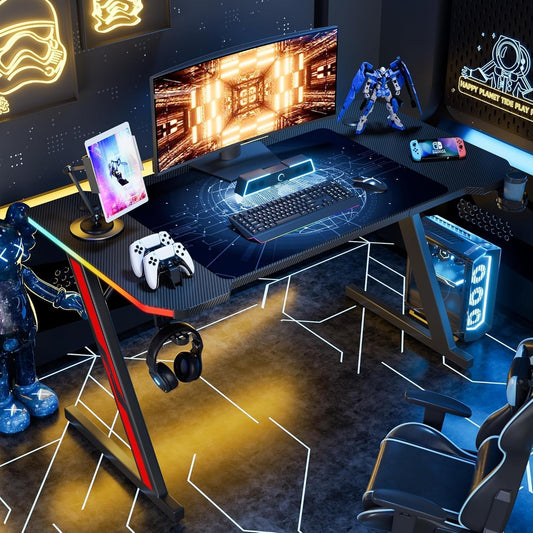 Gaming Computer Desk with Carbon Fiber Surface, Gaming Table Z Shaped Pc Home Office with Cup Holder&Headphone Hook(55 In, Black, Led Light)-1