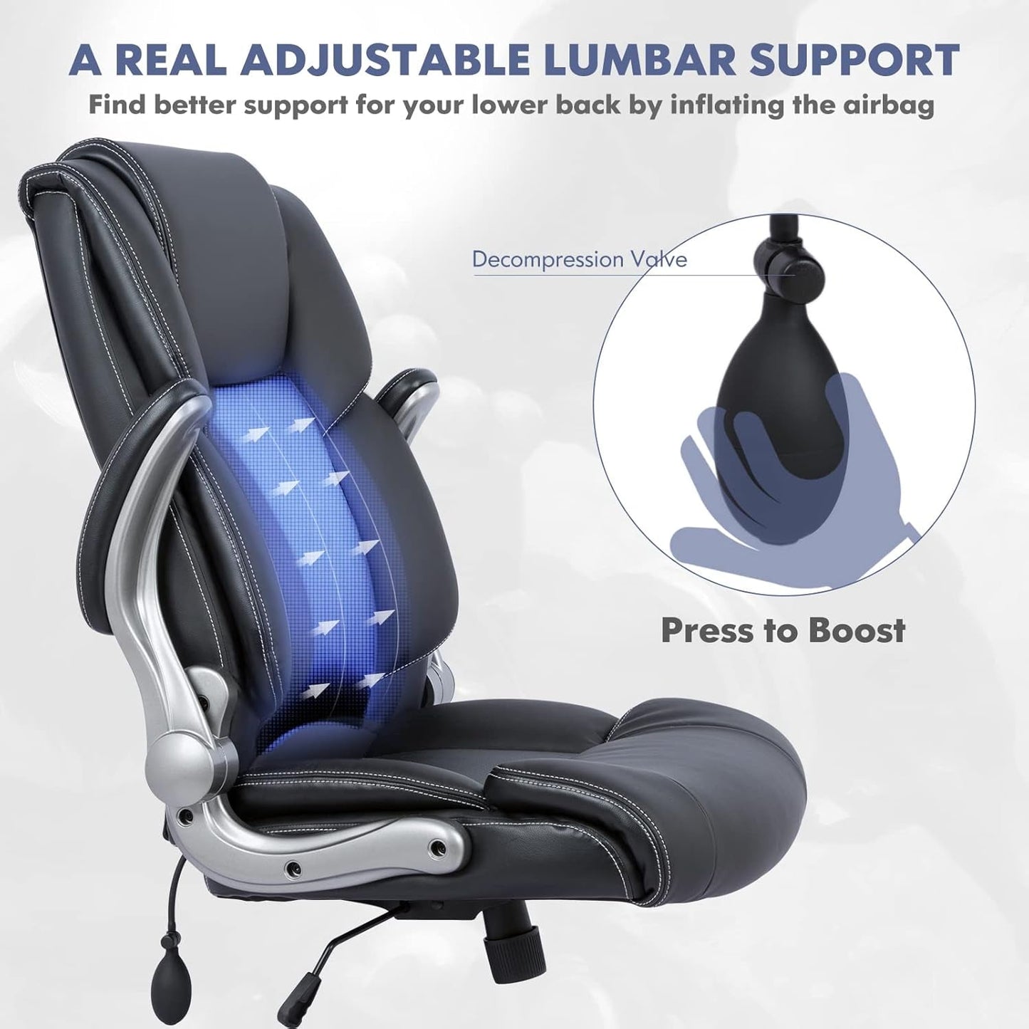 High Back Executive Office Chair- Ergonomic Home Computer Desk Leather Chair with Padded Flip-Up Arms, Adjustable Tilt Lock, Swivel Rolling Chair for Adult Working Study-Black-3