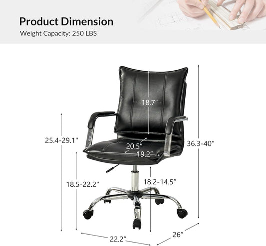 Faux Leather Home Office Desk Chair, Adjustable Swivel Computer Chair with Sliver Legs and Arms, Comfy Upholstered Task Chair(Black)-1