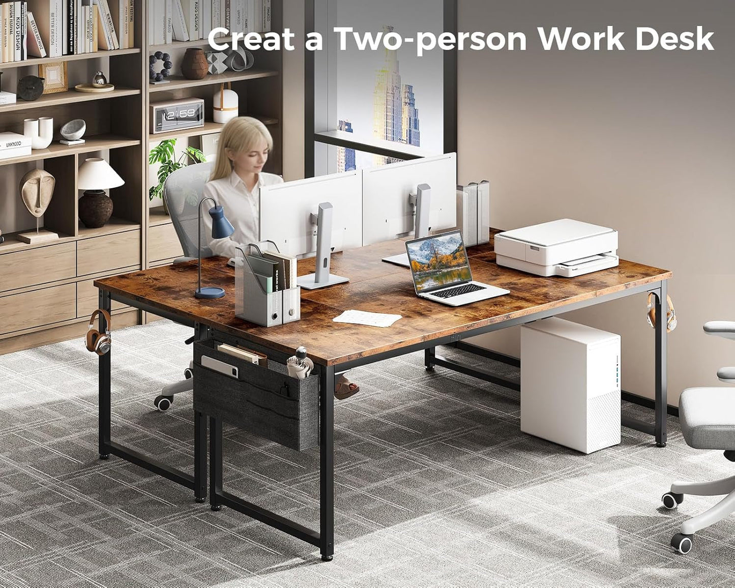 Computer Desk Large Office Desk, 63 Inch Gaming Desk with Storage, Modern PC Desk Work Table with Headphone Hook for Home Office, Splice Board, Rustic Brown-3