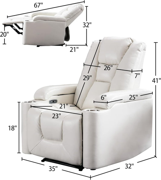 White Power Recliner Chair Electric Home Theater Seating Soft Leather Movie Chair for Living Room Overstuffed Single Reclining Sofa with Hidden Arm Storage, Cup Holders and USB Ports (Cream White)-1