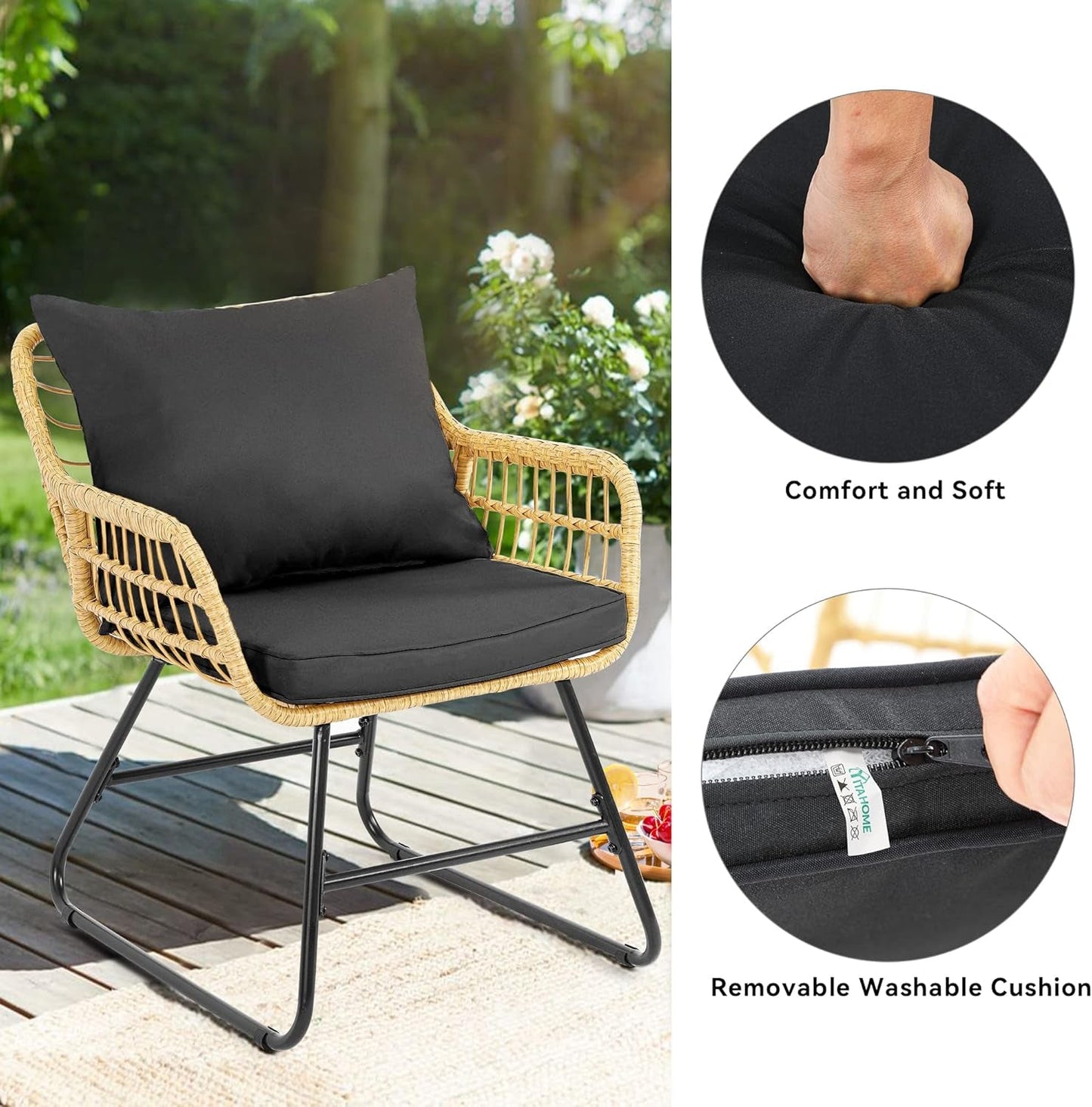 4-Piece Patio Furniture Wicker Outdoor Bistro Set, All-Weather Rattan Conversation Loveseat Chairs for Backyard, Balcony and Deck with Soft Cushions and Metal Table (Light Brown+Black)-4