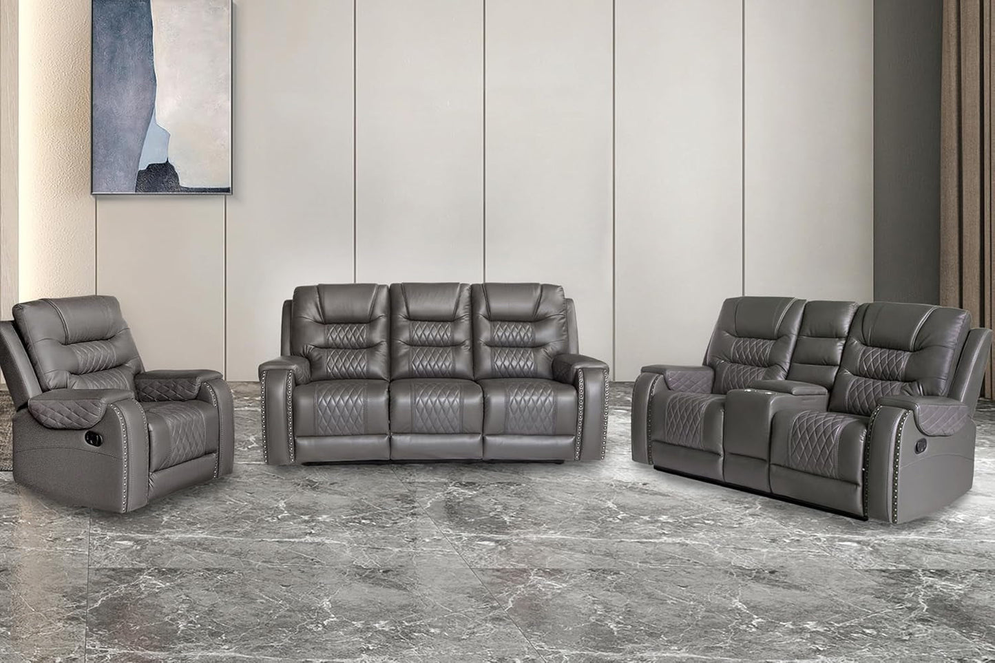 PU Leather Sofa Set, 3 Pieces Living Room Set with Cup Holders, Manual Recliner Sofa &Loveseat & Chair, Gray-3