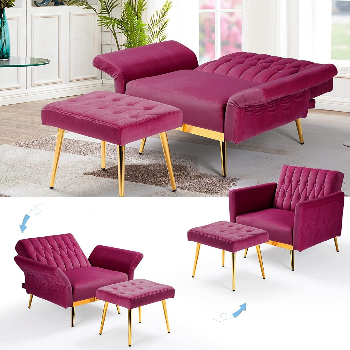 Fuchsia Velvet Accent Chair with Adjustable Features-4