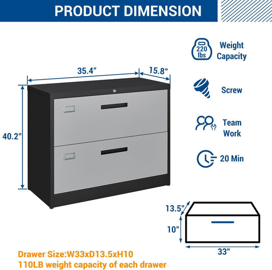 2 Drawer Lateral File Cabinet with Lock, Metal Steel Filling Cabinets for Home Office, Lockable Storage Cabinet for Hanging Files Letter/Legal/F4/A4 Size-Assembly Required-1
