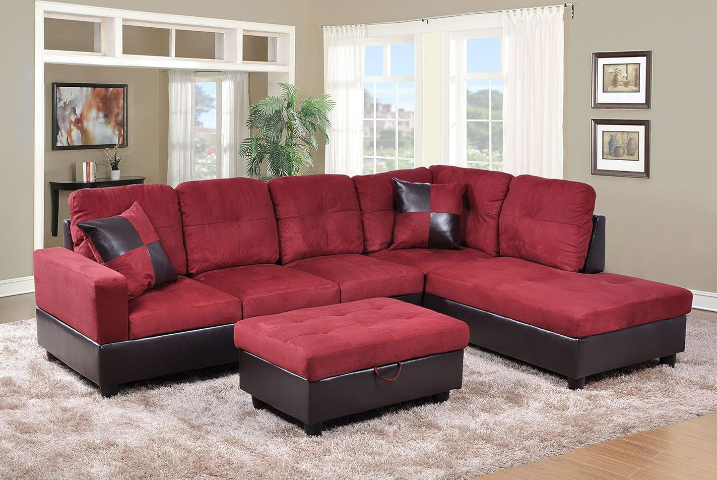 3-Piece Contemporary Sectional Sofa with Chaise and Storage Ottoman for Living Room Furniture | Faux Leather & Microfiber Upholstery | Removable High Density Memory Foam Cushions (Red,Right-Facing)-0