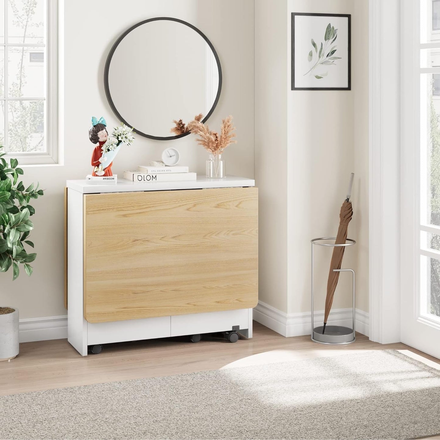 Folding Dining Table, Drop Leaf Dining Table with 6 Wheels and 2-Layer Storage Shelf, Space Saving Dining Table for Small Spaces (Natural Wood, 47.2" D X 23.6" W X 29.5" H)-4