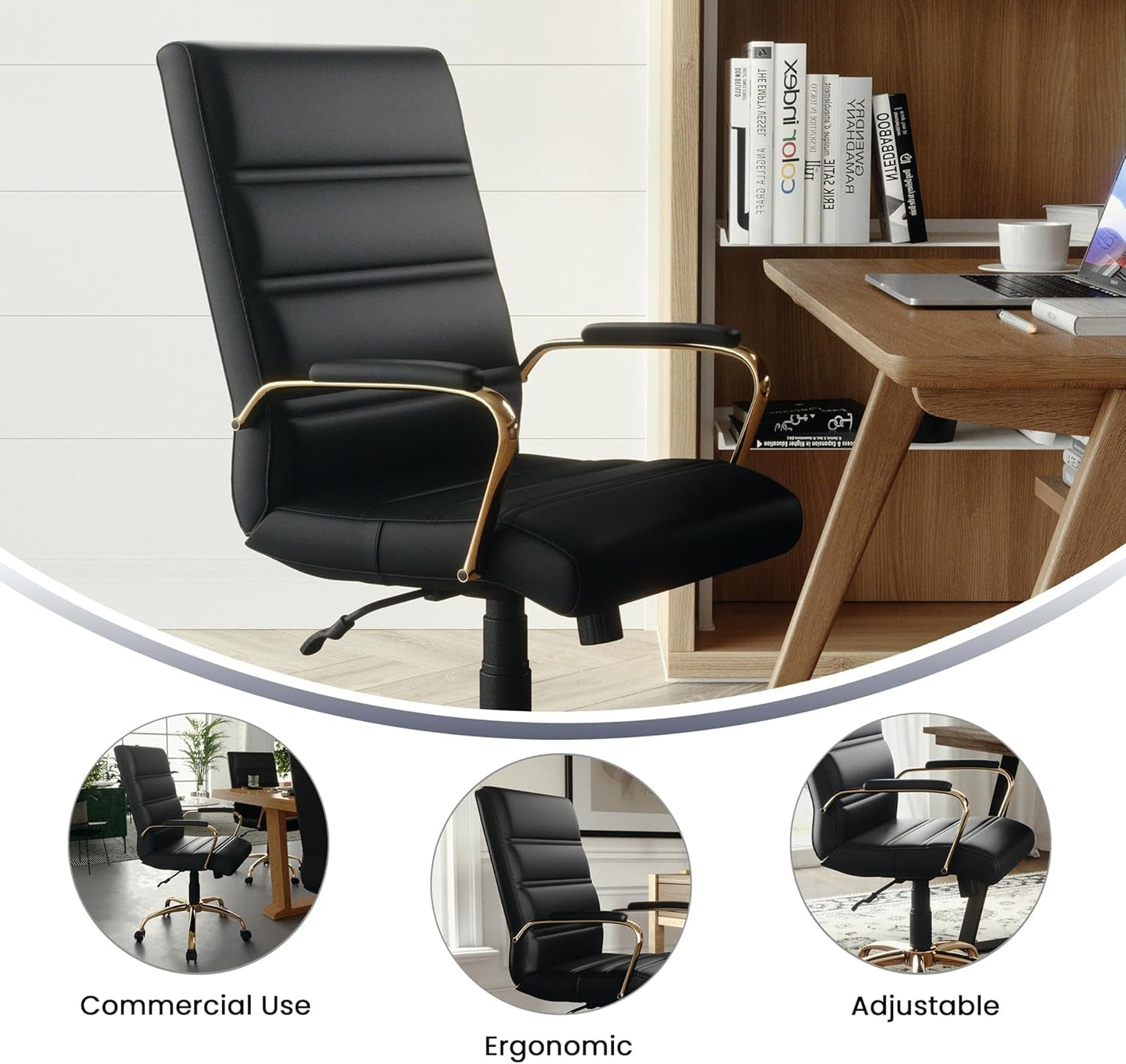 Whitney Mid-Back Swivel Leathersoft Desk Chair with Padded Seat and Armrests, Adjustable Height Padded Office Chair, Black/Gold-4