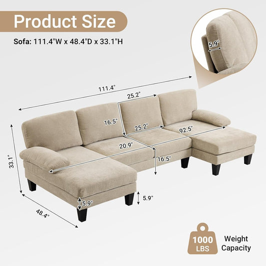 Light Khaki 110" U-Shape Sectional Couch Double Chaise-1