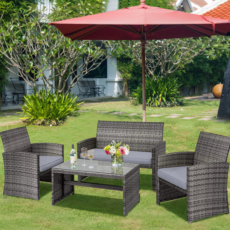 4 Pieces Patio Rattan Furniture Set with Glass Table and Loveseat-0