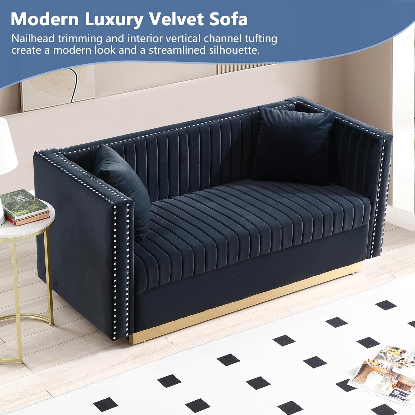Luxury Velvet Sofa Set for Living Room, Modern Decor Furniture Channel Sofa Couch and Loveseat with Nailhead Gold Metal Legs and 4 Pillows for Bedroom, Hall, Black-4