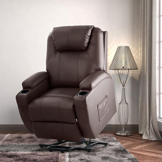 Power Lift Recliner Chair with Massage for Elderly PU Leather Modern Reclining Sofa Chair with Cup Holders, Remote Control, Adjustable Furniture (Brown)-1