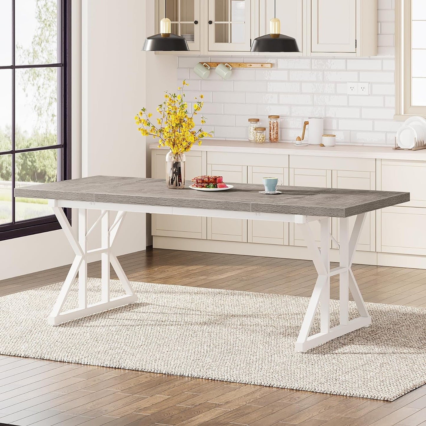 Farmhouse Dining Table for 6 People, 70.8-Inch Rectangular Wood Dining Table, Rustic Kitchen Table with Heavy Duty Metal Legs for Dining Room(Grey)-2