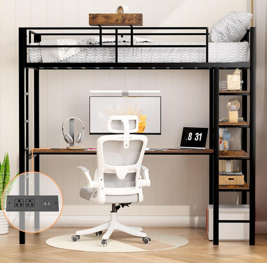 Black Twin Loft Bed: Desk, Shelves, Stairs-1