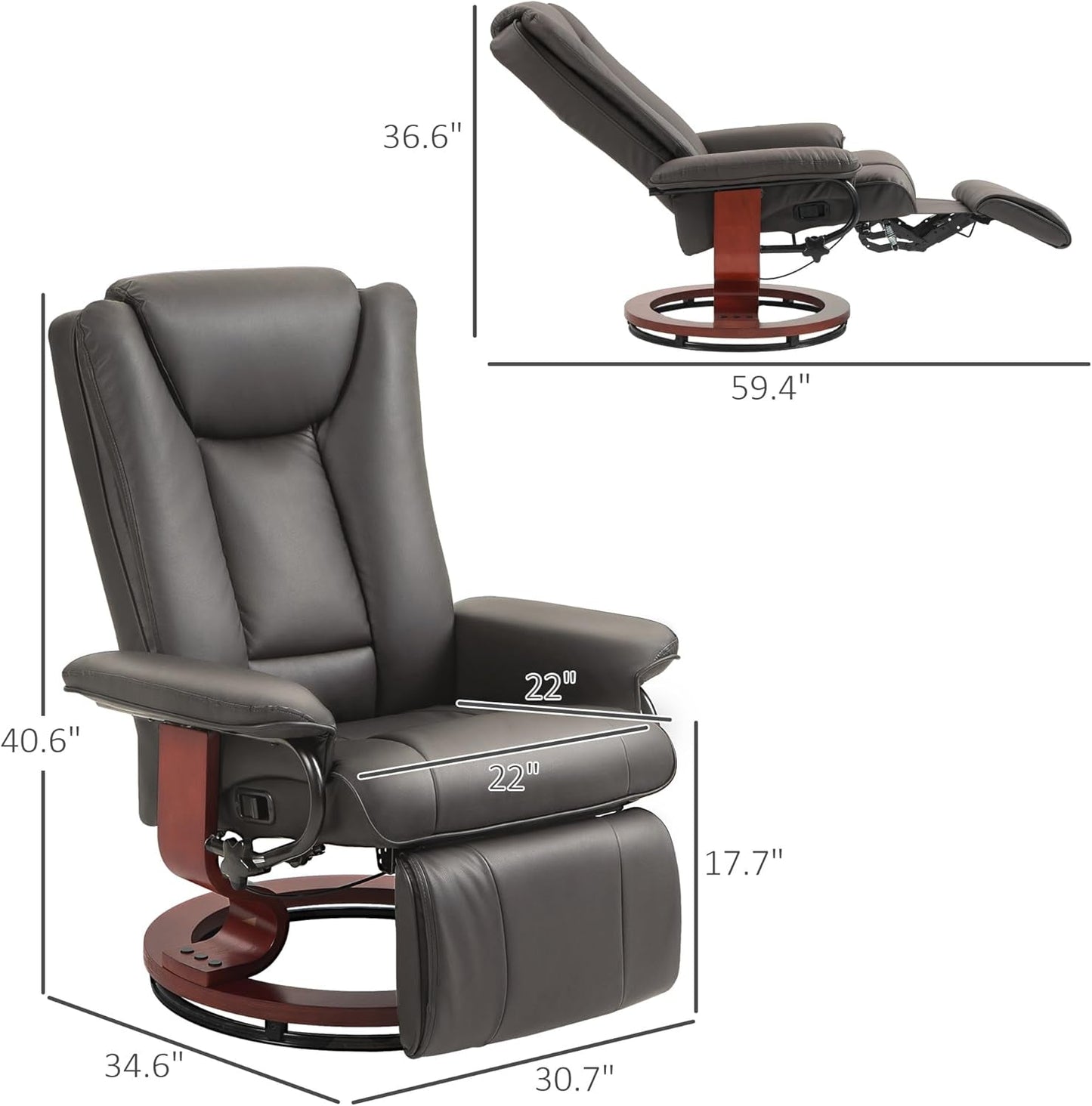 Manual Swivel Recliner Chair, PU Leather Reclining Chair with Footrest for Living Room, Brown-2