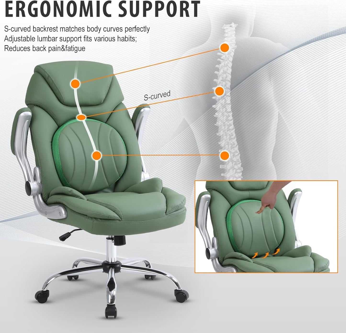 Modern Executive Office Chairs with Lumbar Support, 90-120° Rocking Managerial Chair Ergonomic PU Leather Home Office Desk Chairs with Wheels, Flip-Up Arms & Back Support (Green)-2