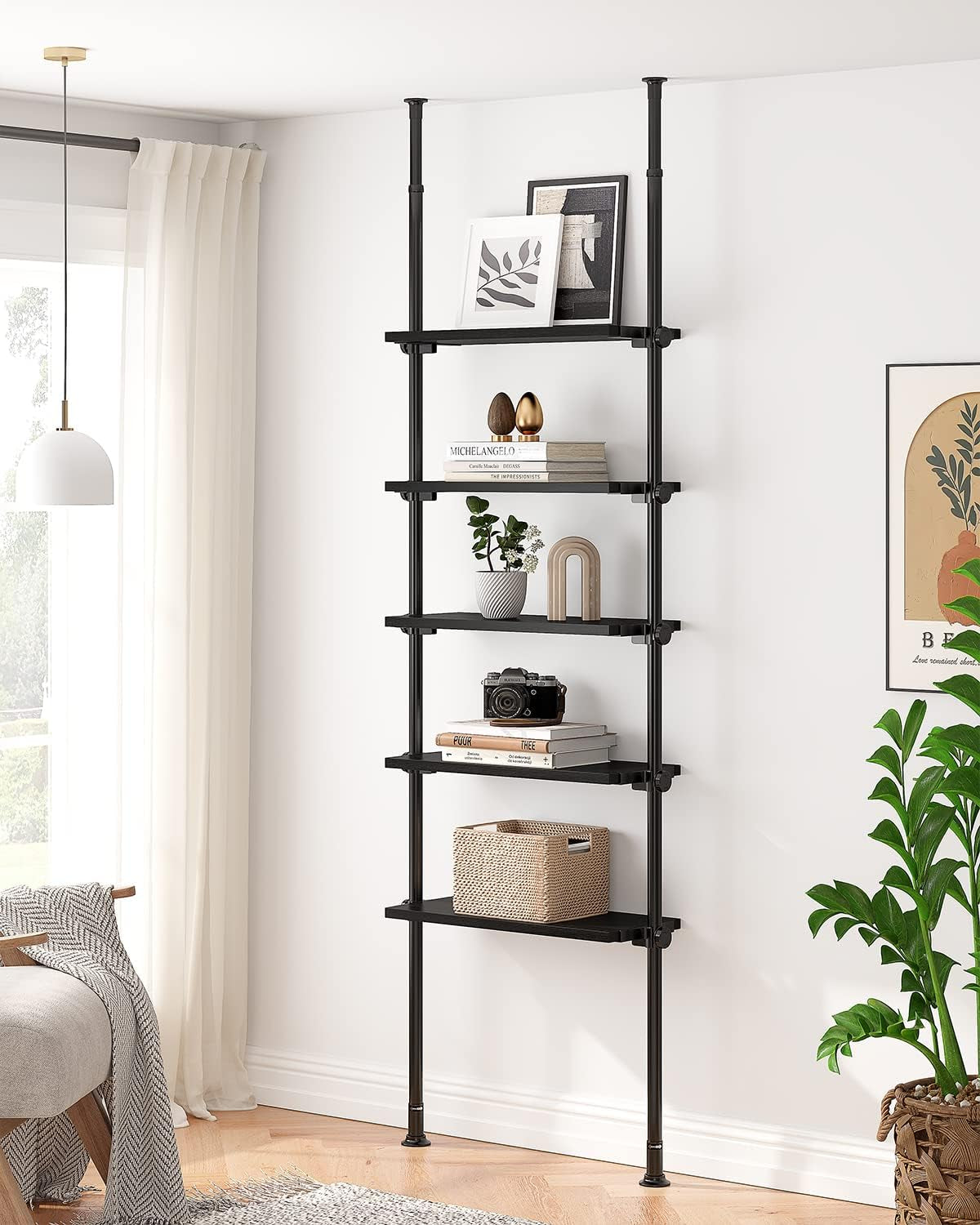 5 Tiers Narrow Bookshelf, Tall Adjustable Ladder Book Shelf with Open Storage, Floor to Ceiling Tension Mount, Wooden Industrial Bookcase for Living Room, 92 to 116 Inch, Black-0