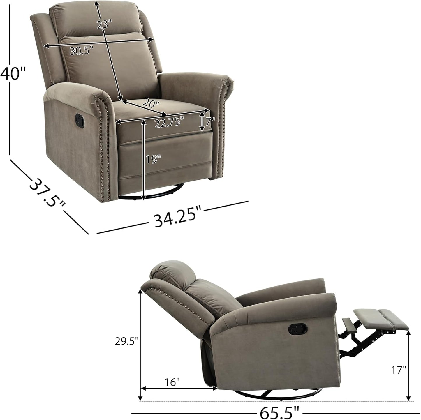 Light Brown Velvet Swivel Rocker Recliner Nailhead-2