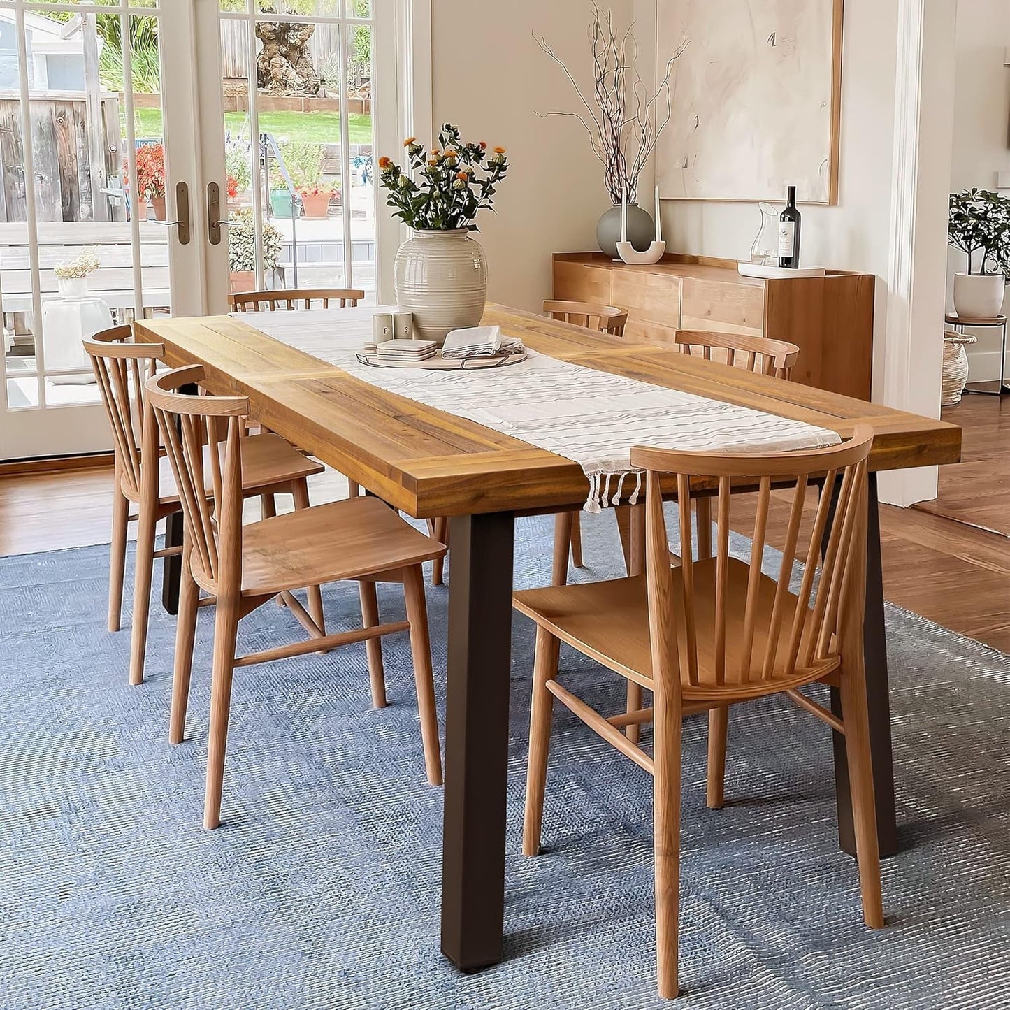 Home Acacia Wood Dining Table 6-Person Indoor Outdoor Table with Iron Legs, Sandblast Finish, Natural Stained, Rustic Metal, 69 * 33 * 30 Inch (Natural)-0
