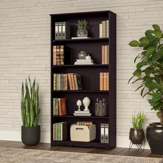 Bush Furniture Tall 5 Shelf Bookcase, Large Open Bookshelf, Sturdy Display Cabinet for Living Room or Home Office, Cabot Collection, Espresso Oak-1