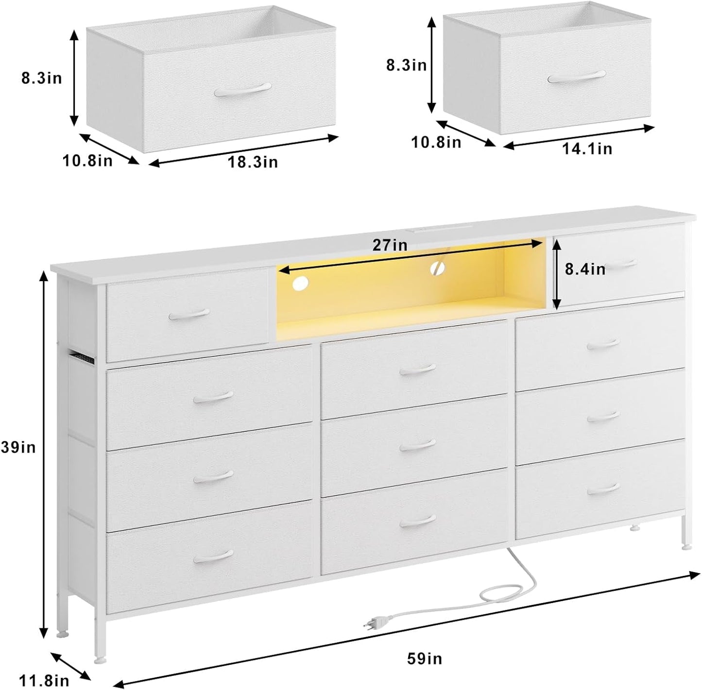 Long Dresser for Bedroom with Charging Station and LED Lights, White Dresser TV Stand with 11 Drawers, Fabric Chest of Drawers with PU Finish for Bedroom, Living Room, Entryway-2