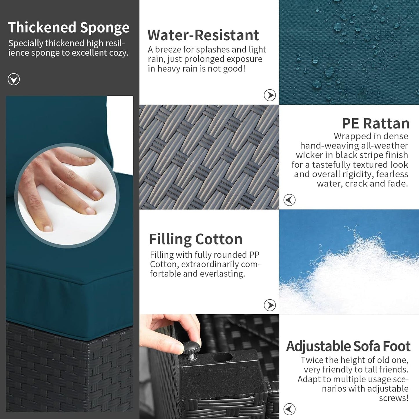 3 Pieces Patio Furniture Set Outdoor Sectional Wicker Patio Furniture Patio Couch with Ottoman and Outdoor Storage Table All-Weather Anti-Slip Cushions Waterproof Covers, Peacock Blue-4