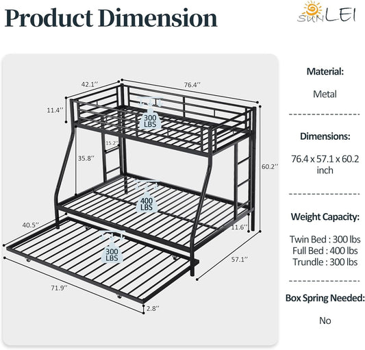 Metal Loft Bed with 2 Secured Ladders, Bunk Bed Twin over Full with Trundle, Trundle Bed Twin Safety Guard, Space-Saving, Noise Free for Small Bedroom, (Black, Twin over Full)-1