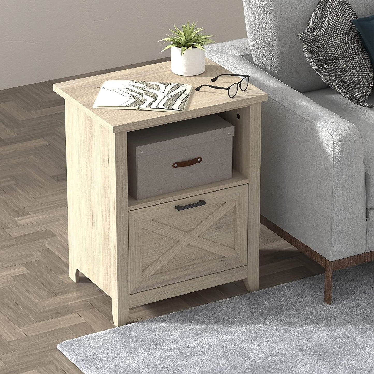 Beige Wood Nightstand with Storage Drawer and Cubby-4