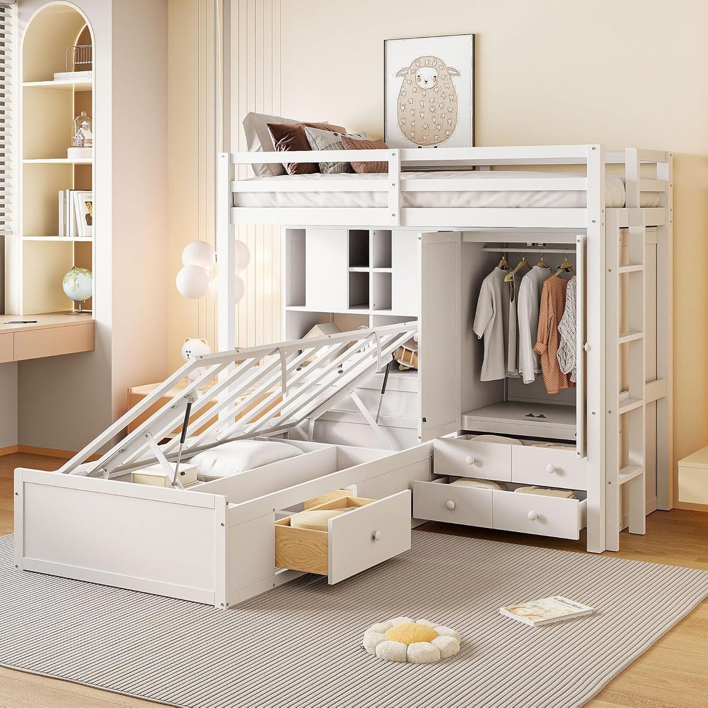 Twin Bunk Bed with Drawers, Wood Twin over Twin Bunk Bed with Wardrobe, Storage Shelves and Hydraulic Bed, White-2