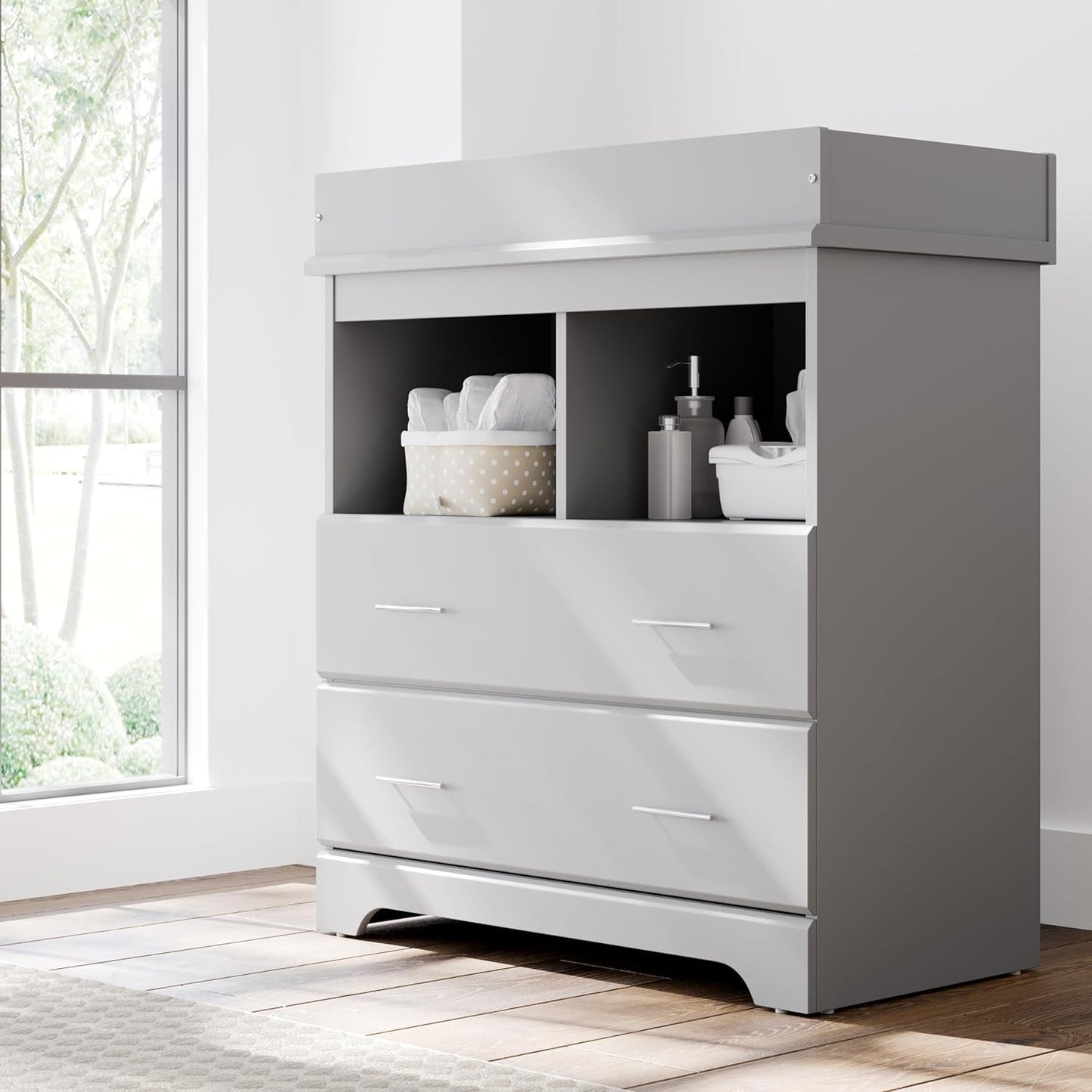 Brookside 2 Drawer Changing Table Dresser (Pebble Gray) – GREENGUARD Gold Certified, Easy-To-Match Chest of Drawers and Cubbies for Nursery and Kids Bedroom, Includes Changing Table Topper-1