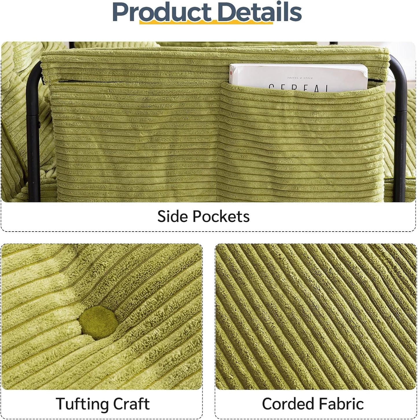 Adjustable Floor Sofa Couch with 2 Pillows, Multi-Functional Bean Bag Bed, 5-Position Foldable Lazy Sofa Sleeper Bed with Armrest, Versatile Floor Seating Sofa for Reading, Green, Double-4