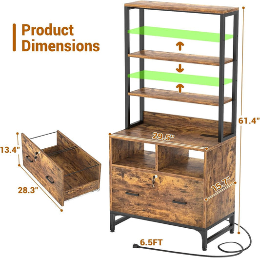 File Cabinet with Charging Station, Vertical Filing Cabinet with Lock & Large Drawer, Printer Stand with Storage Shelves, Office Storage Cabinet Fits Letter/A4/Legal Size,Rustic Brown-1