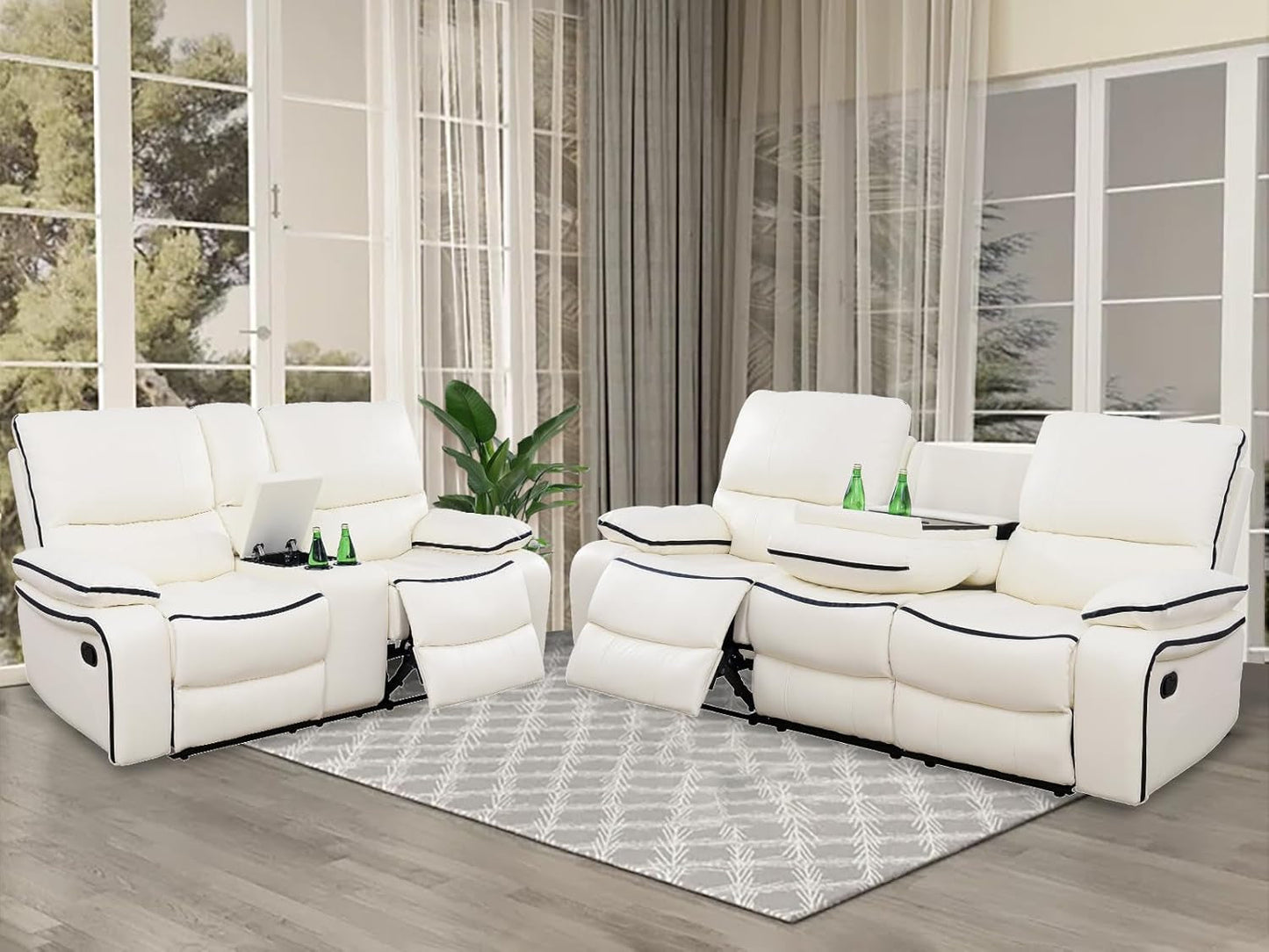 Leather Recliner Sofa Set,Leather Living Room Furniture Set with Storage Console/Cup Holders,Reclining Sofa Set for House/Home Theater(Sofa&Loveseat 2 Pieces,White)-0
