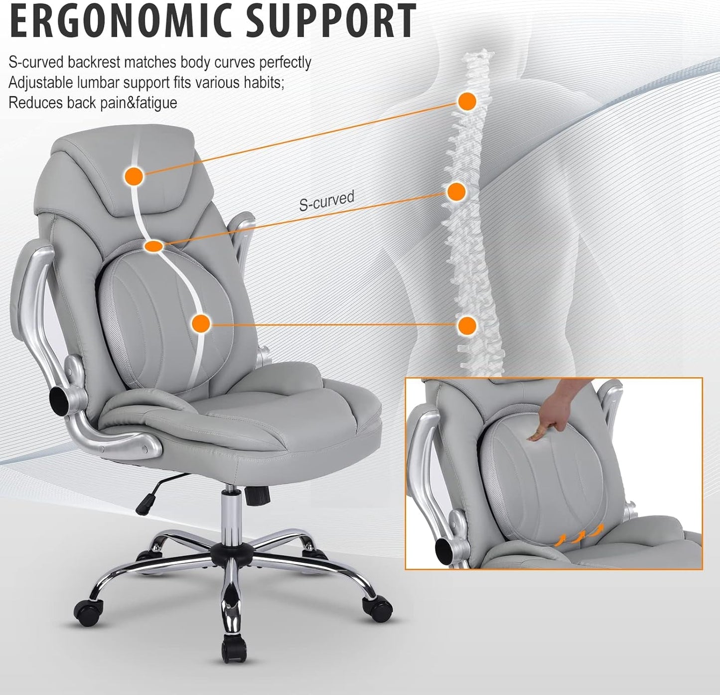 Ergonomic Executive Office Chairs with Lumbar Support, PU Leather Home Desk Wheels and Flip up Arms, 90-120° Rocking Managerial Chair (Gray) Grey Medium(300Lbs)-4