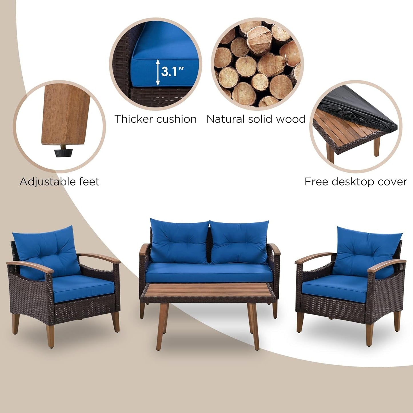 Patio Furniture Sets 4 Pieces, All Weather Outdoor PE Rattan Sofa with Wood Table and Legs, for Lawn, Backyard, Poolside or Garden, Blue-1