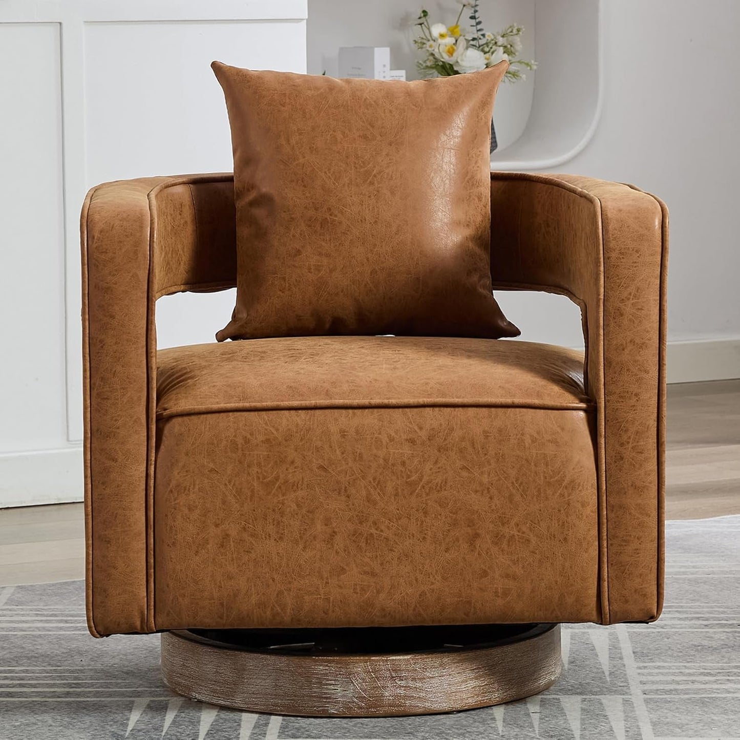 Swivel Accent Chair, Modern Swivel Barrel Chair for Living Room, 360 Degree Comfy Square Swivel Chair with Open Back, Upholstered Armchair for Bedroom,Reading, PU Leather, Brown-4