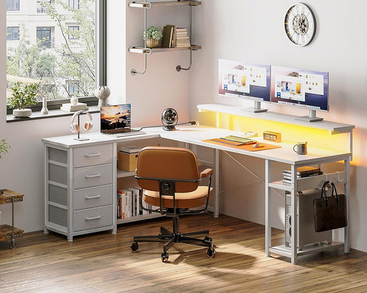 61" L Shaped Desk with Drawer, Computer Desk with Power Outlets & LED Lights, Reversible Corner Gaming Desk for Home Office Workstation, Office Desk with Monitor Shelf, Pure White-1