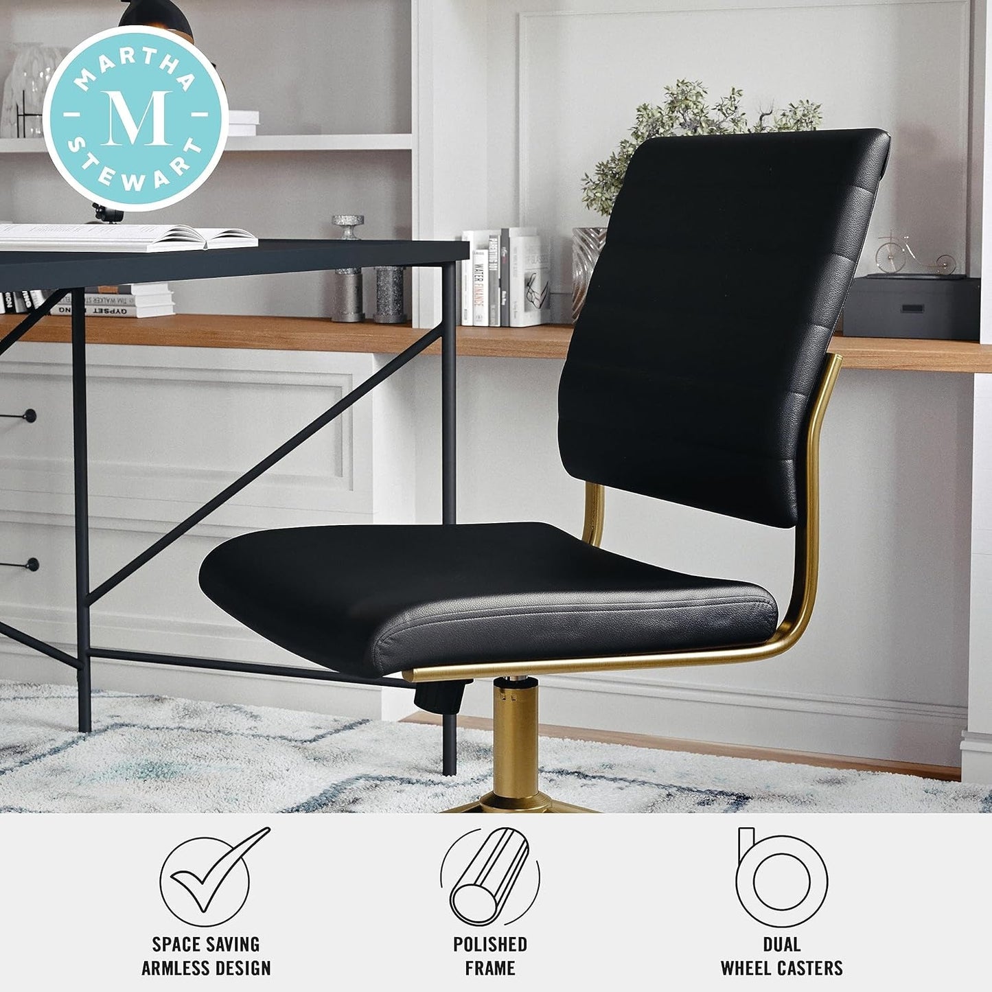 Ivy Armless Swivel Task Chair for Home Office in Black Faux Leather with Polished Brass Frame-4