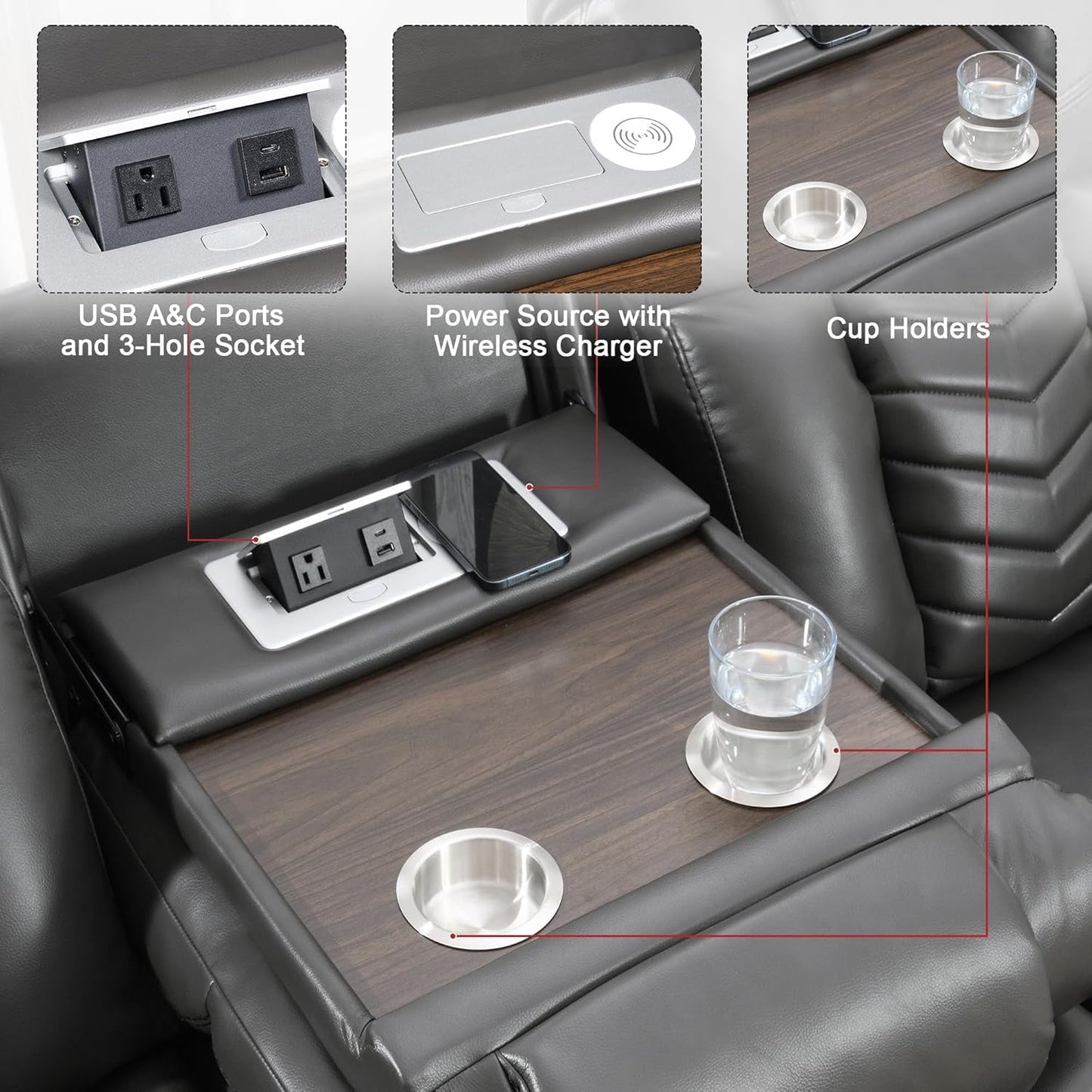 Power Reclining Sofa Set with LED Light,0 Gravity Air Leather Recliner Sofa Set with Bluetooth Speaker,Wireless Charger,Storage Console,Usb Ports,Cup Holders for Living Room/Office(2Pcs,Gray)-4