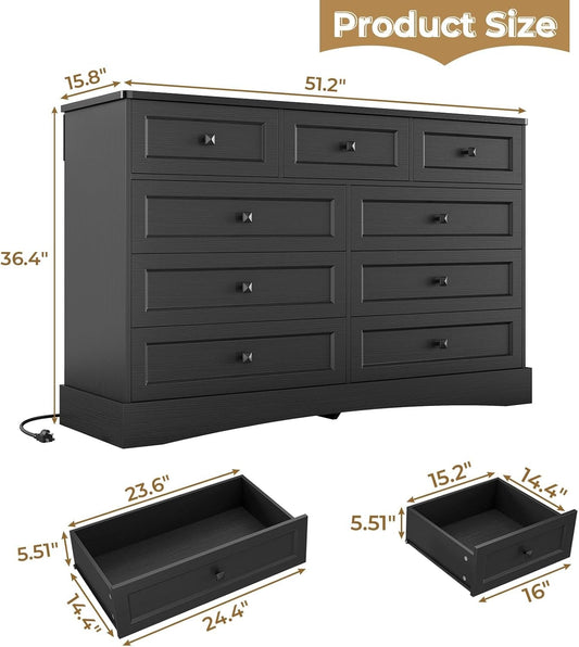 Black Dresser for Bedroom with 9 Drawers, 51.2" Large Drawer Dresser with Charging Station, Wide Farmhouse Dresser Chest of Drawers, Wooden Storage Tower Organizer, Dresser for Bedroom Closet-1