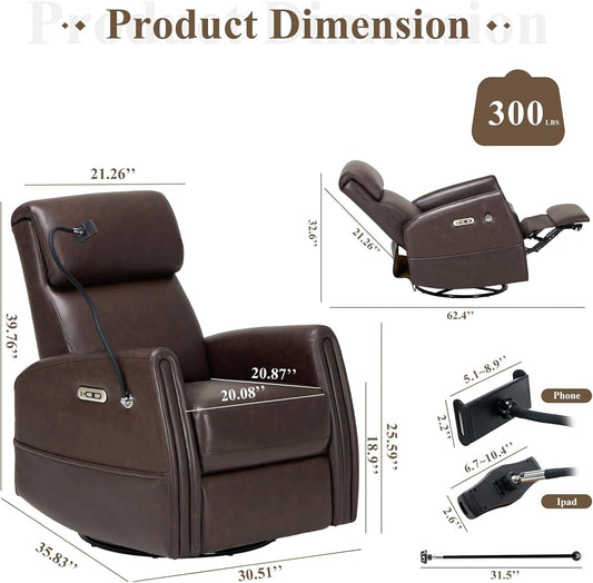 Power Recliner Chair Swivel Glider Rocker for Nursery, Upholstered Faux Leather Living Room Rocking Reclining Single Sofa Chair with 2 Device Holders, Chocolate-1