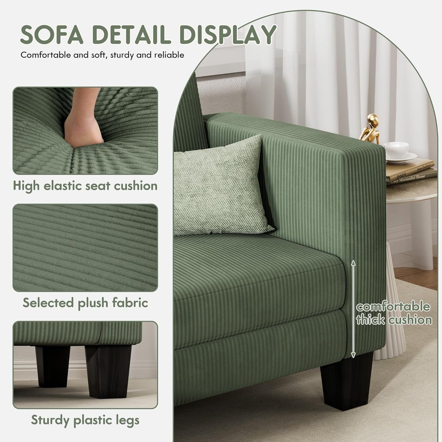 L-Shaped Convertible Sectional Sofa 3 Seater with Corduroy Fabric, Complete with Mobile Footrest, for Living Room, Apartment and Office, 70", Green-3