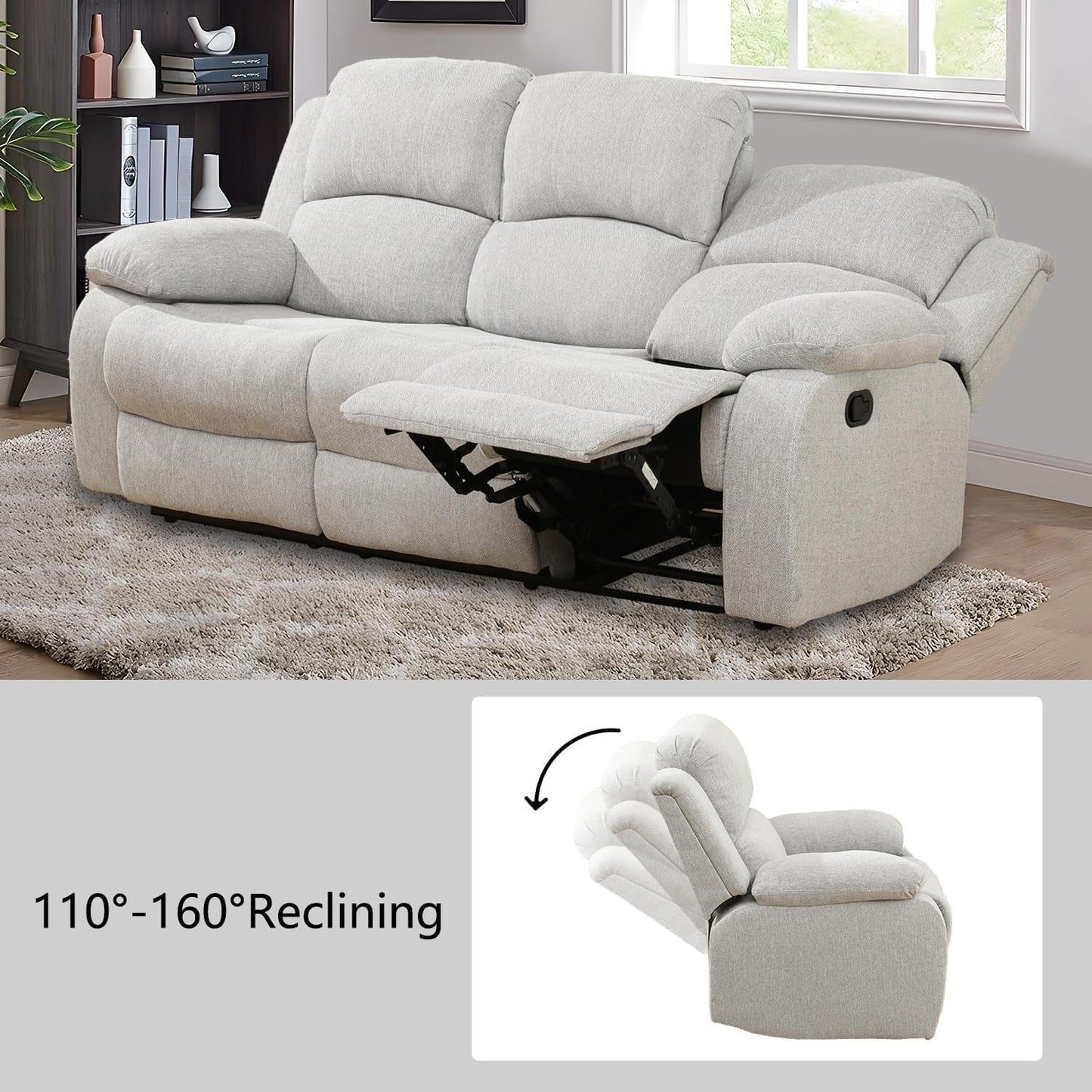 Recliner Sofa Set Living Room Furniture, Reclining Sofa Set Microfiber Fabric, Recliner Couch Set for Office Home (Sofa and Chair Set, Grey White)-3