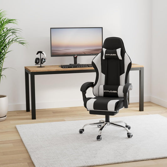 Gaming Chair, Computer Chair with Footrest and Lumbar Support, Height Adjustable Game Chair with 360°-Swivel Seat and Headrest and for Office or Gaming (Fabric, Black & Light Gray)-1