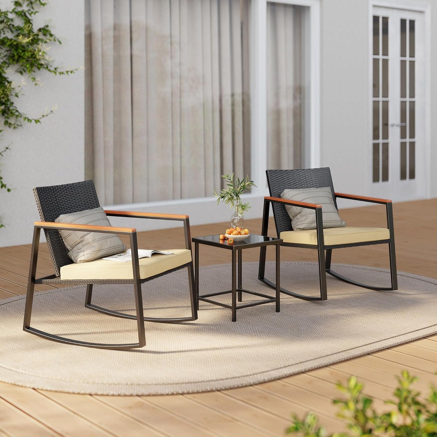 3 Pieces Rocking Patio Bistro Set with Anti-Scald Armrest, Outdoor Patio Wicker Furniture Set with Glass Table and Cushion for Garden, Yard, Porch-1