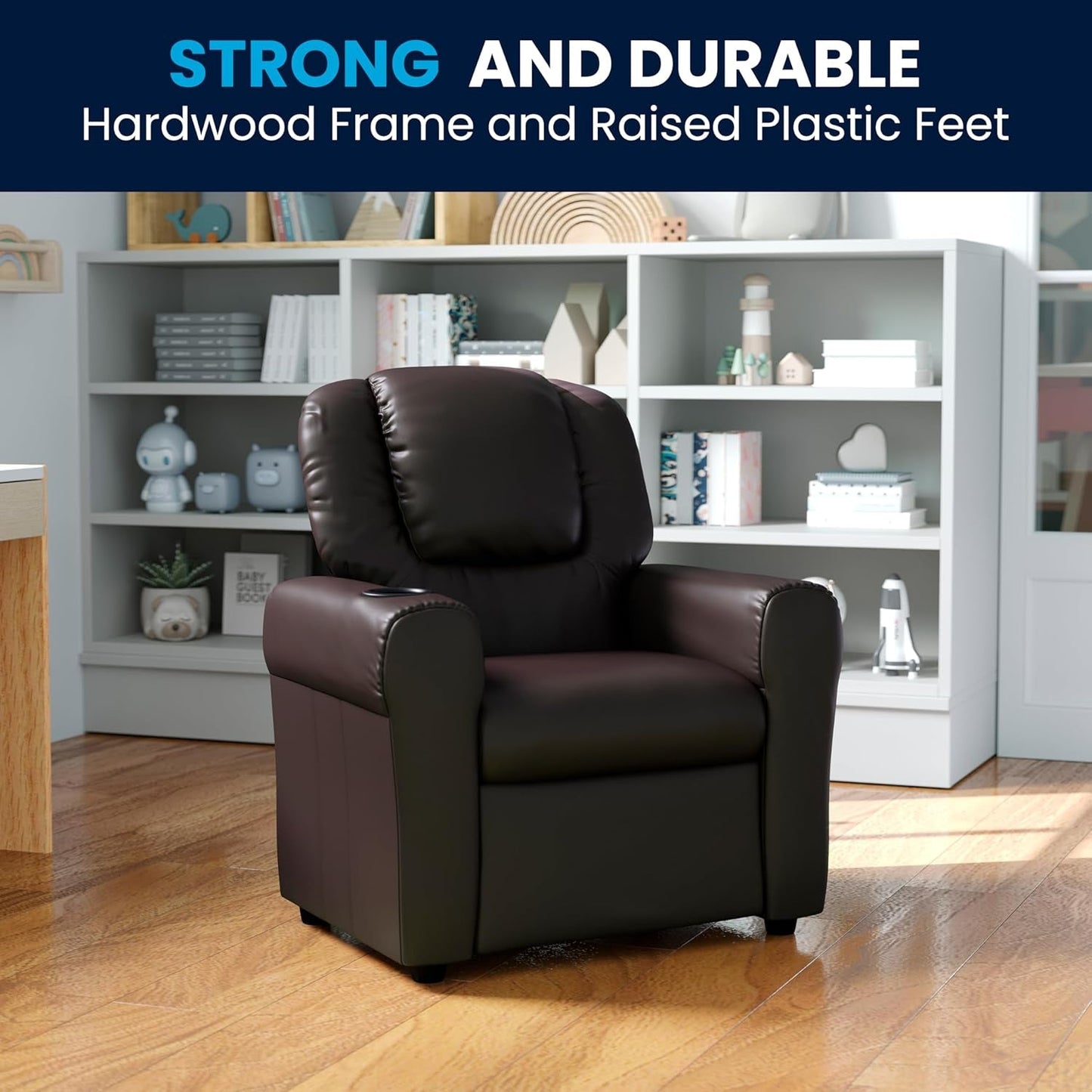 Vana Leathersoft Kids Recliner with Cup Holder, Headrest, and Safety Recline, Contemporary Reclining Chair for Kids, Supports up to 90 Lbs., Brown-4