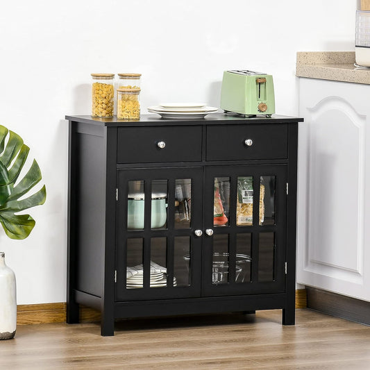 Sideboard Buffet Cabinet, Accent Kitchen Cabinet with Glass Doors, Adjustable Shelf and 2 Drawers for Kitchen, Black-1