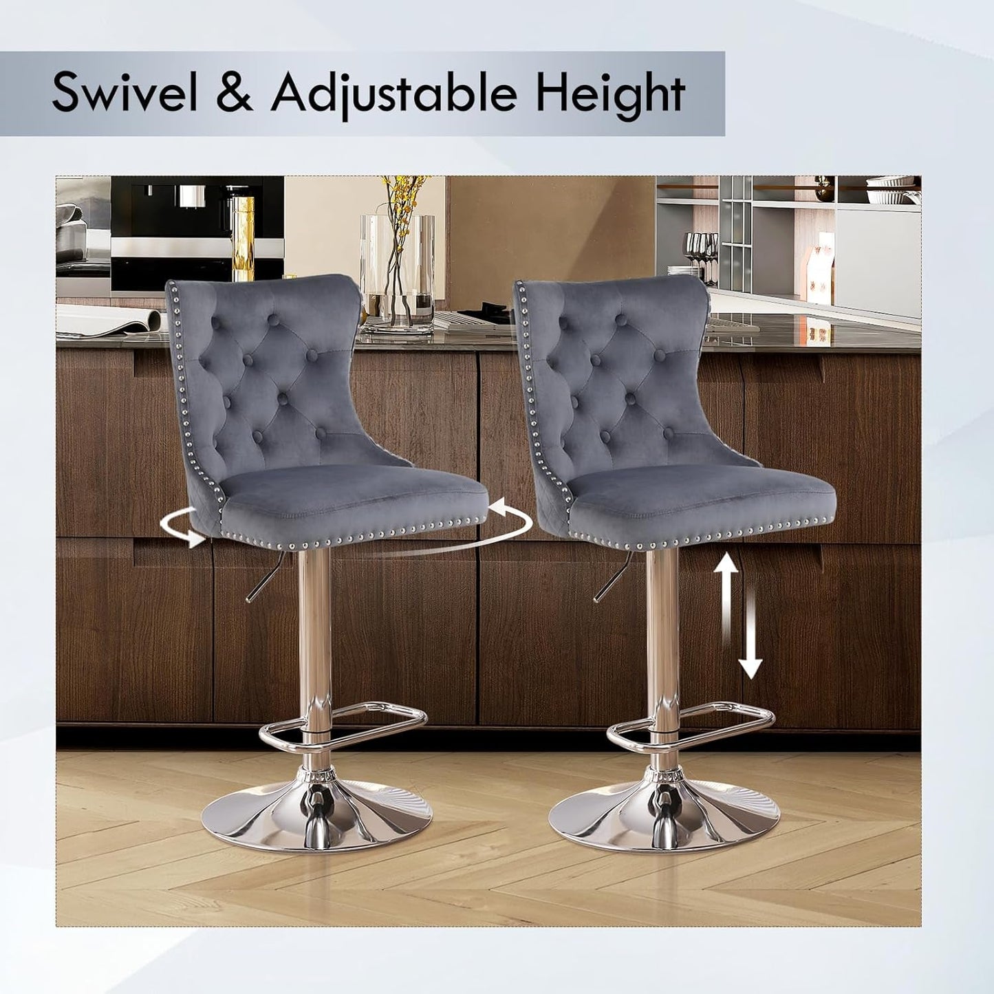Velvet Adjustable Swivel Bar Stools Set of 4, High Tufted Back Modern Counter Height Stools Chrome Footrest/Lion Pull Ring/Rivet Trim/Diamond Pattern Kitchen Dining Pub Bar Chairs, Dark Grey-2